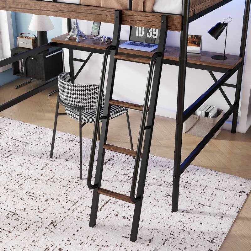 Full Size Metal Loft Bed with Desk, LED Light, and Charge Station, Black