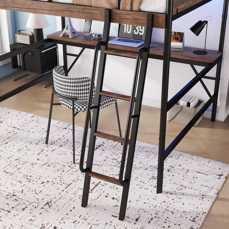 Full Size Metal Loft Bed with Desk, Metal Loft Bed with LED Light and Charge Station,Black(Expect Arrival Date 2025/5/15)