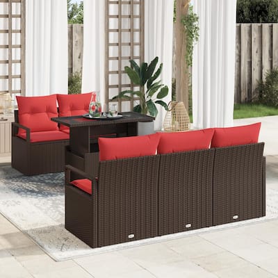 vidaXL 6 Garden Sofa Set with Cushions Black/Brown/Grey Poly Rattan - 68.9 x 24.4 x 27.2