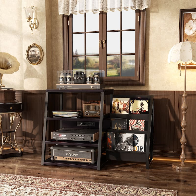 4-Tier Record Player Stand with Vinyl Record Storage ＆ LED Light ＆ Charging Station, Record Player Table, Media Console