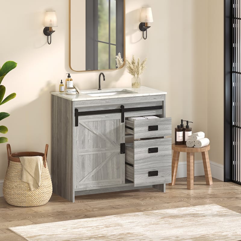 EROMMY Farmhouse Bathroom Vanity with Ceramic Top and Sliding Barn Door Sink Cabinet, Rustic Single Sink Vanity