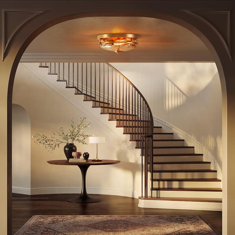 2-Light Modern Industrial ORB/Gold Ceiling Light Dome Cone Clear Water Rippled Glass Flush Mount Light