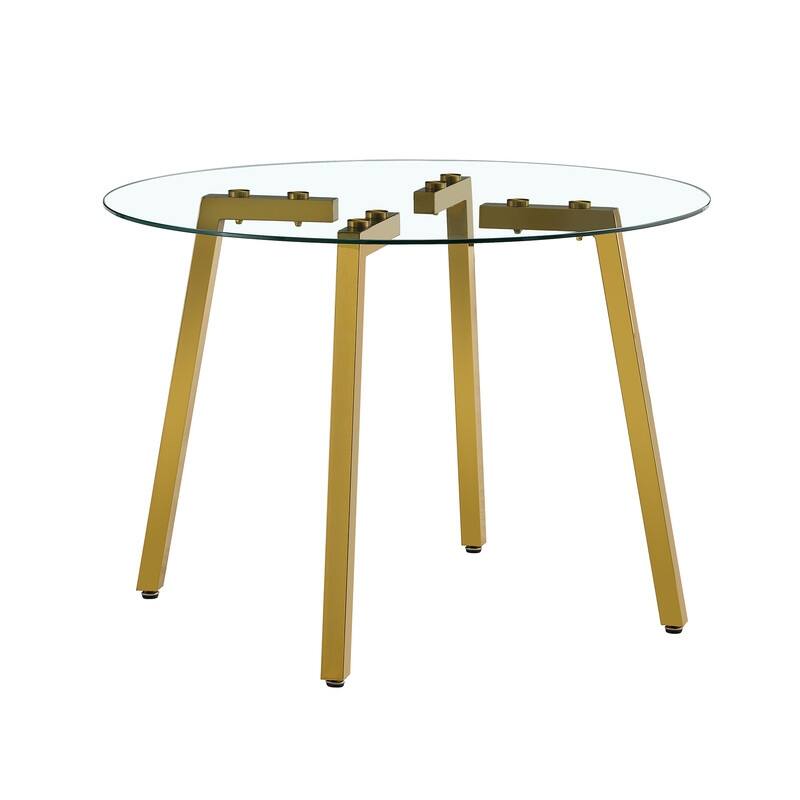 Modern 42" Round Transparent Tempered Glass Table with Golden Metal Base for Kitchen, Dining & Living Room