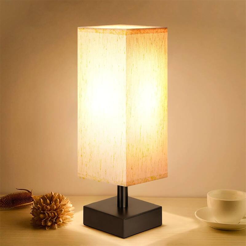Minimalist Night Stand Light Lamp with Square Fabric Shade - Cream & Black