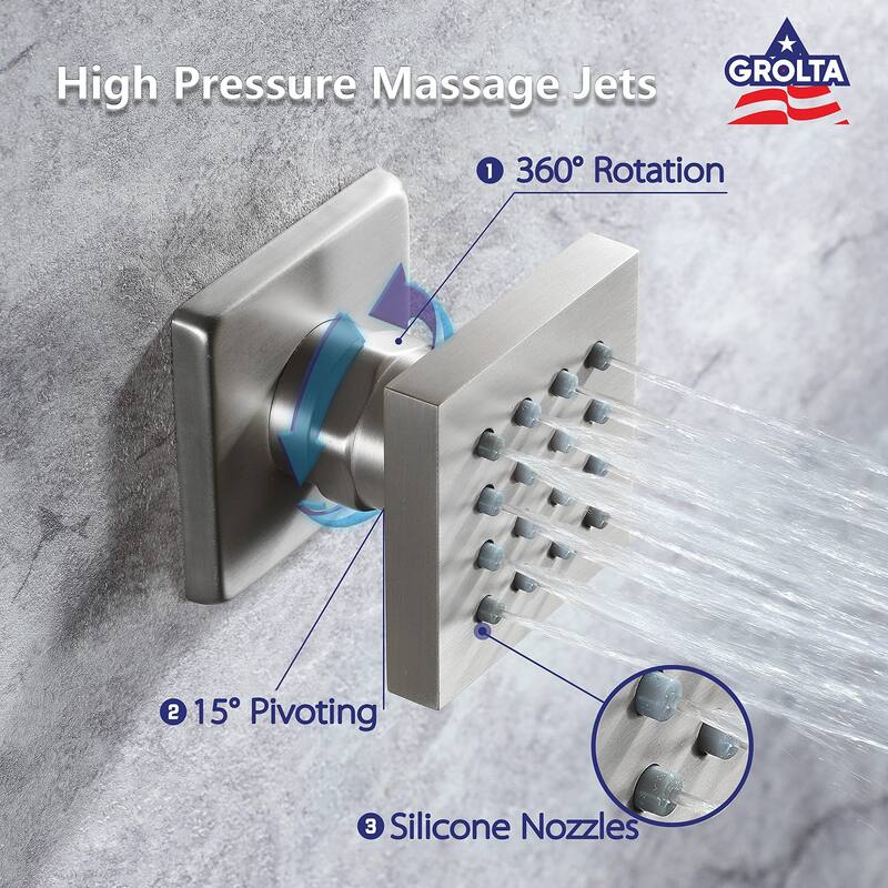 12" Ceiling Rainfall 3 Way Thermostatic Faucet Shower System w/6 Body Jets