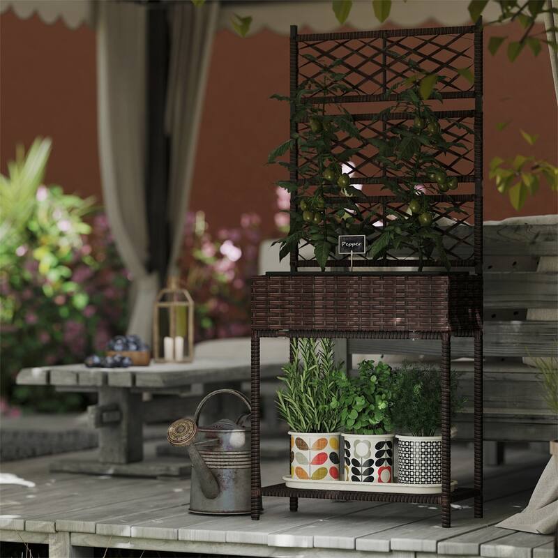 Outdoor Raised Garden Bed Rattan Plant Stand with Trellis and Storage Shelf for Herbs or Flowers - 21.7" L x 10.2" W x 52.4" H