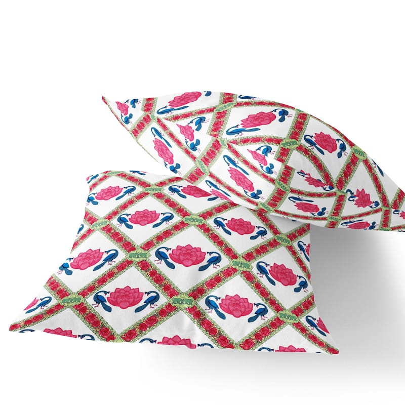 HomeRoots Set of Two 16" X 16" Pink and White Peacock Blown Seam Floral Indoor Outdoor Throw Pillow - 16.00' X '16.00' X '5.00