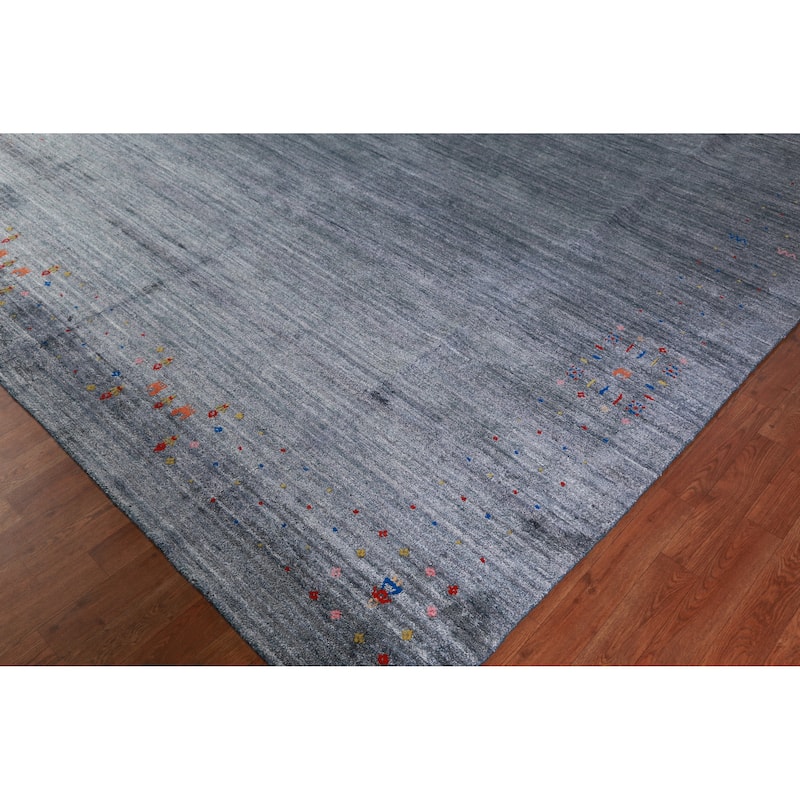 Tribal Gabbeh Indian Area Rug Hand-Knotted Blue Wool Carpet - 9'0" x 12'4"