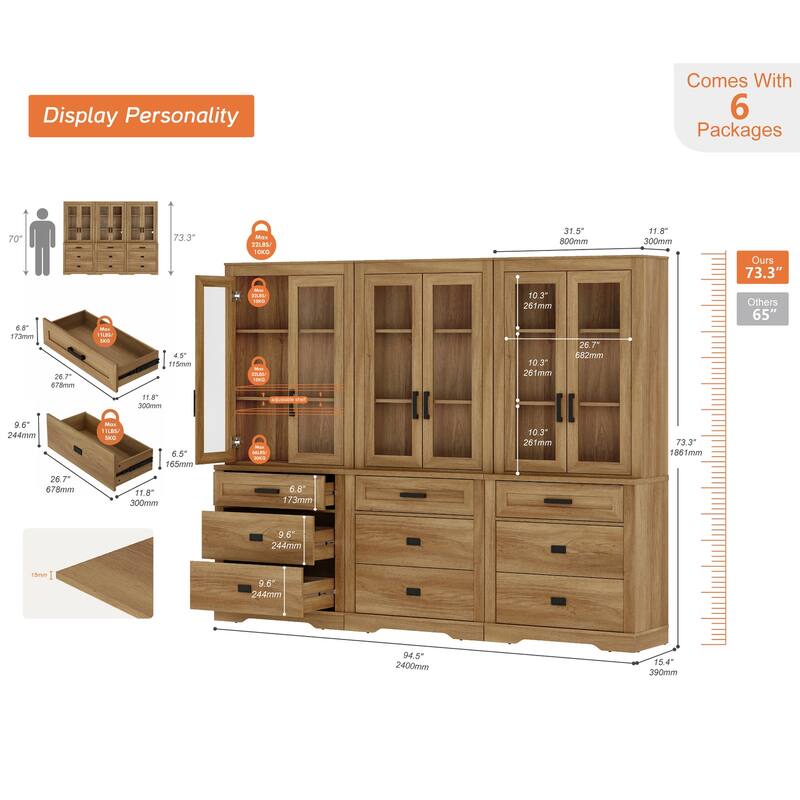 3 Tier Bookcase with Drawer,73.3" Tall Floor Standing Bookshelf