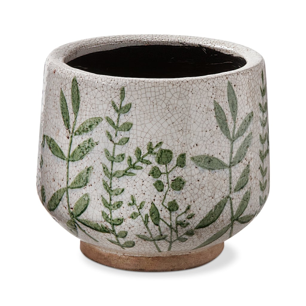 Foliage Printed Glazed Terracotta Footed Planter Large, 9.0L x 9.0W x 7.8H inches, Holds Up to 6 inch Drop in Pot