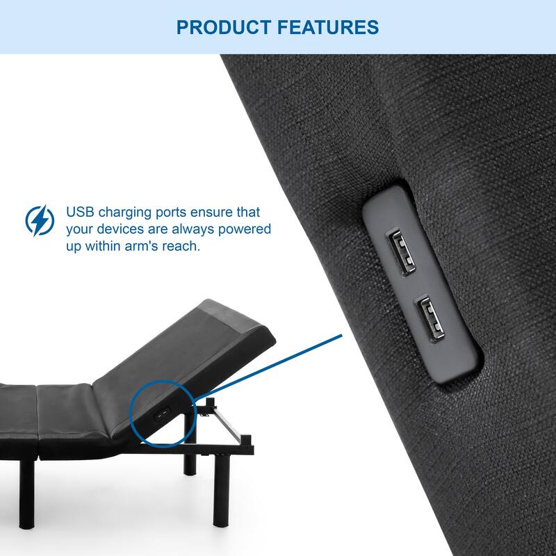 Wizzin Contemporary Meatl Adjustable Bed Frame with 5 Positions, USB Ports and LED Light