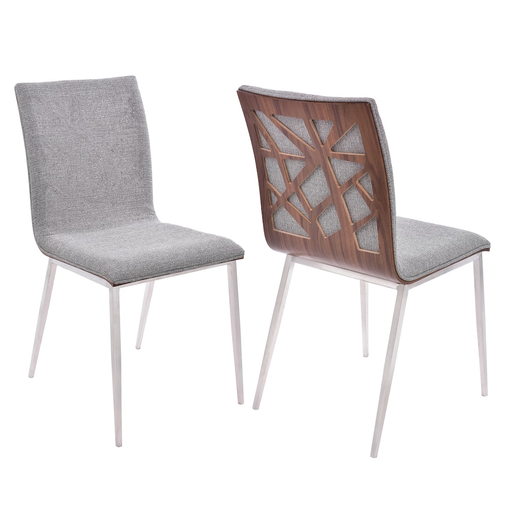 Dining Chairs Set of 2 with Grey Fabric Upholstery, Walnut Back, Stainless Steel Legs - 17