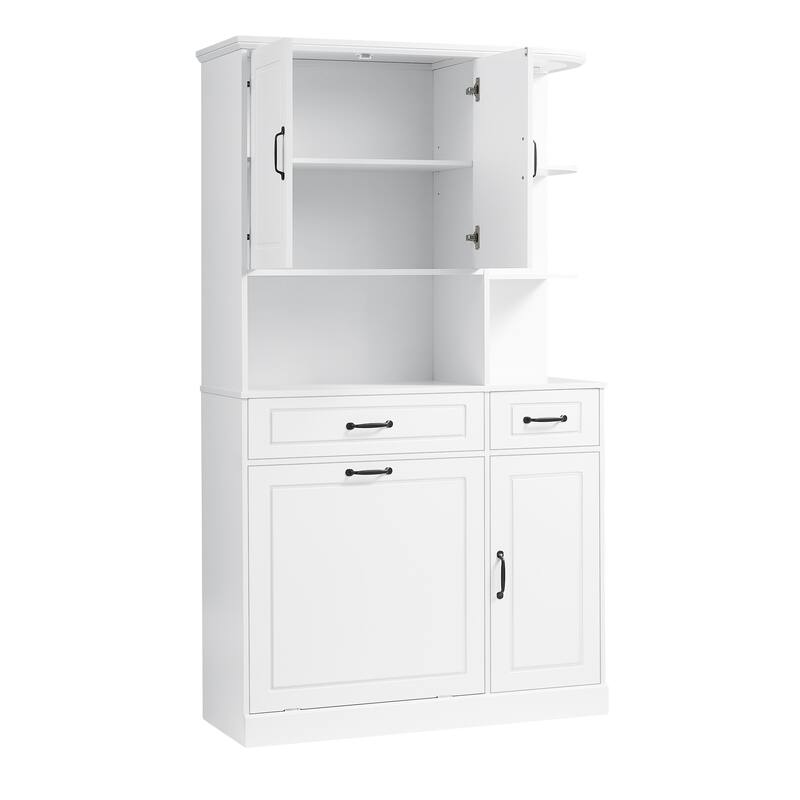 Roomfitters 70" Tall Storage Cabinet with Tilt-Out Hamper, 3 Drawers & Open Shelving, Modern MDF Linen Tower, White