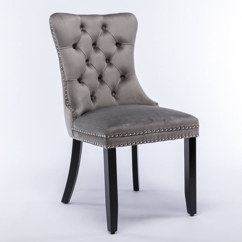 Velvet Dining Chairs Set of 2, Upholstered Dining Chairs with Button Tufted Back, Nailhead Trim & Ring Pull Wingback