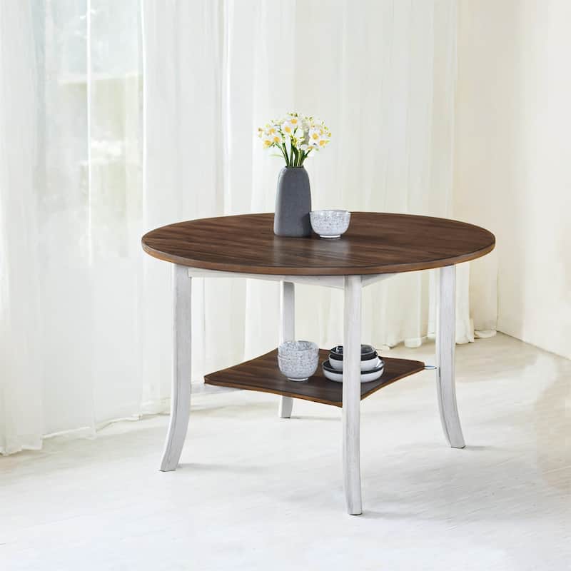 45.7Inch Round Dining Table with Shelf - Antique Dark Oak,Antique White