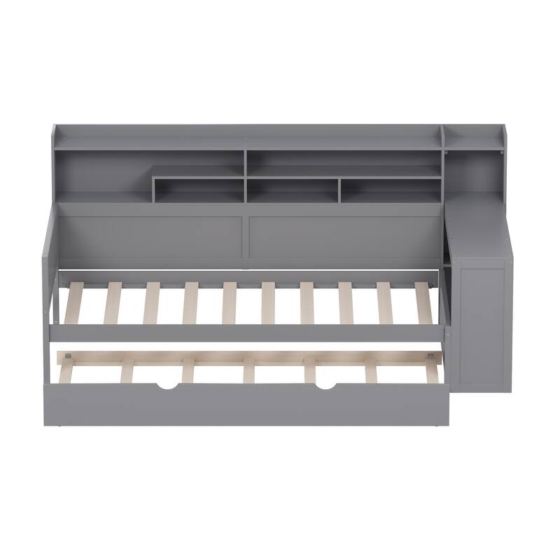 Wooden Daybed with Storage Shelves, Multi-functional Bed with Twin Size Trundle Bed and Study Desk