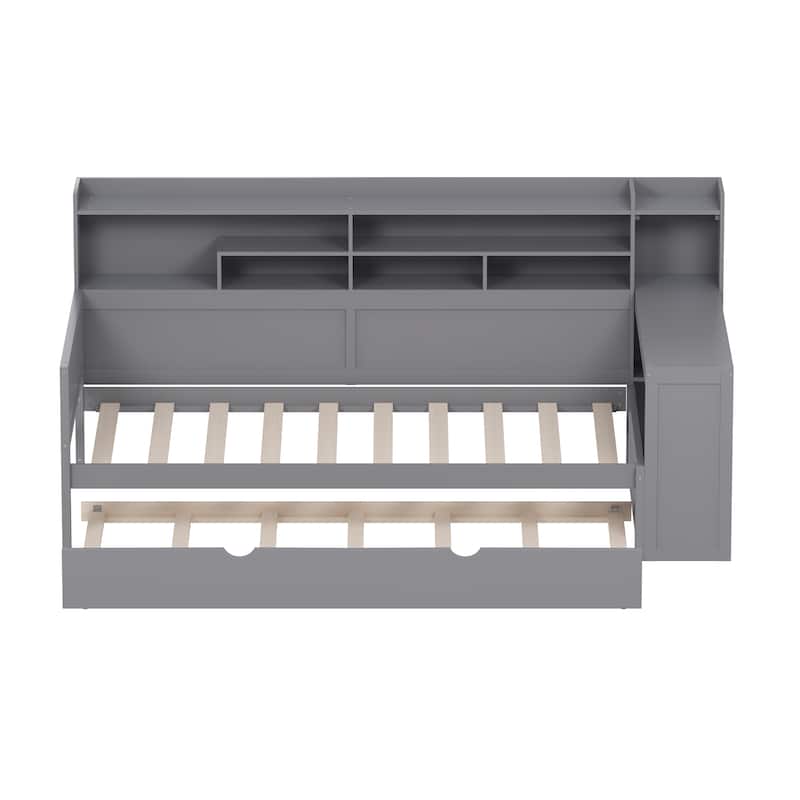 Wooden Twin Size Daybed with Storage Shelves, Multi-functional Bed with Twin Size Trundle Bed and Study Desk