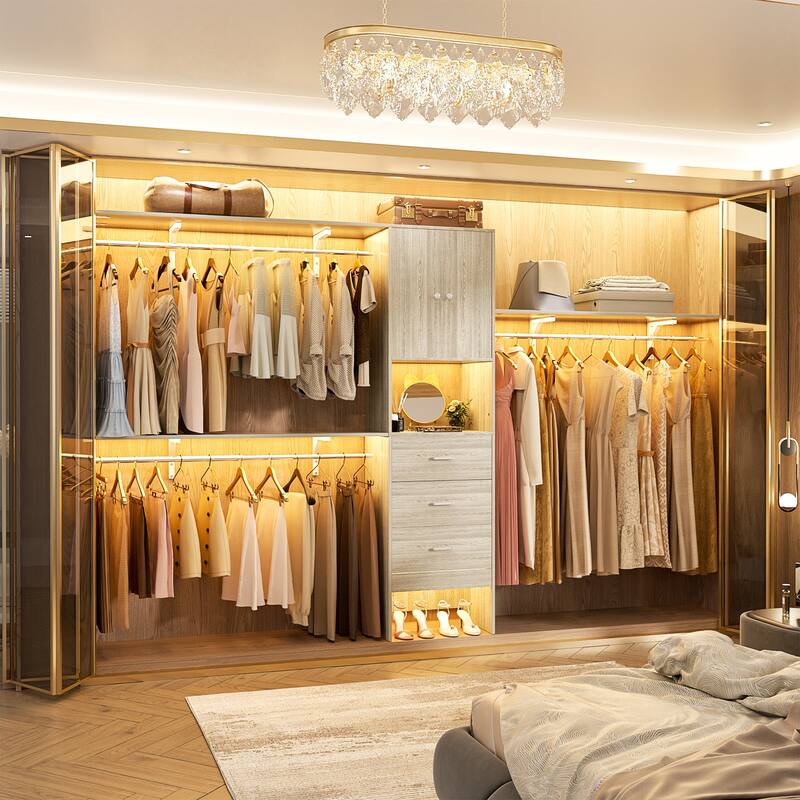 Rackcog 20.3'' - 120'' Large Closet Organizer with Doors, Closet System with Drawers and Hanging Rods (can be cut to fit)