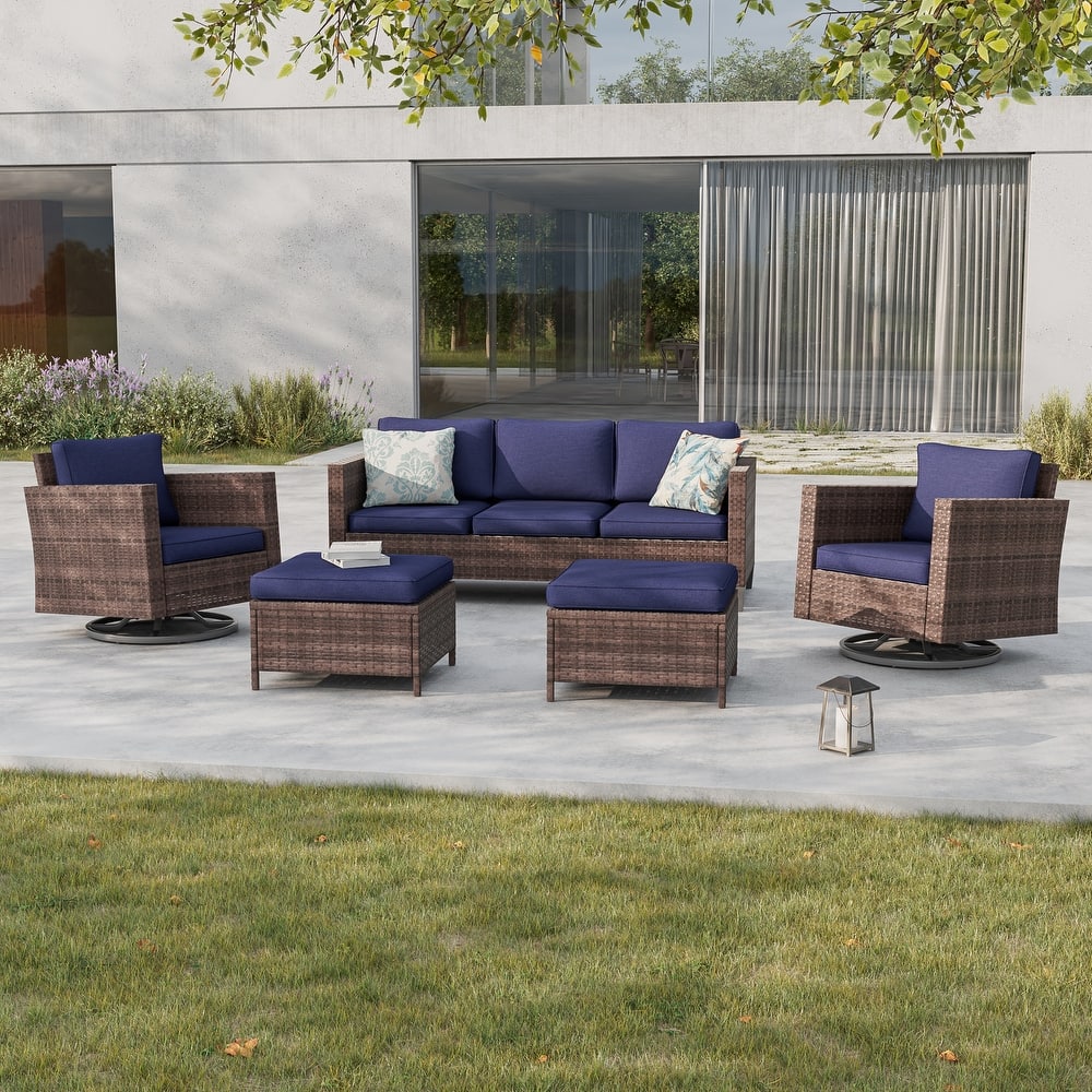 BONOSUKI 5Pcs Patio Furniture Swivel Rocking Sofa Set Brown Rattan