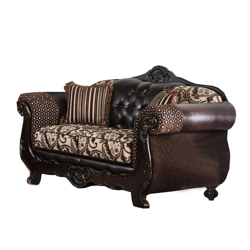 Traditional Wooden Loveseat with Button Tufted Backrest, Beige and Brown