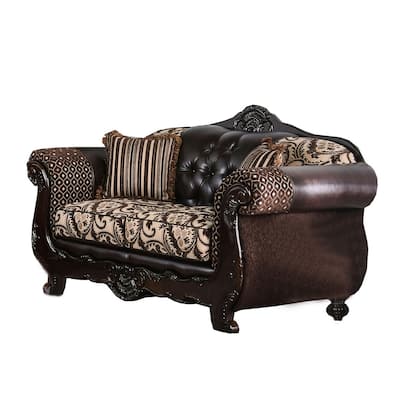 Traditional Wooden Loveseat with Button Tufted Backrest, Beige and Brown