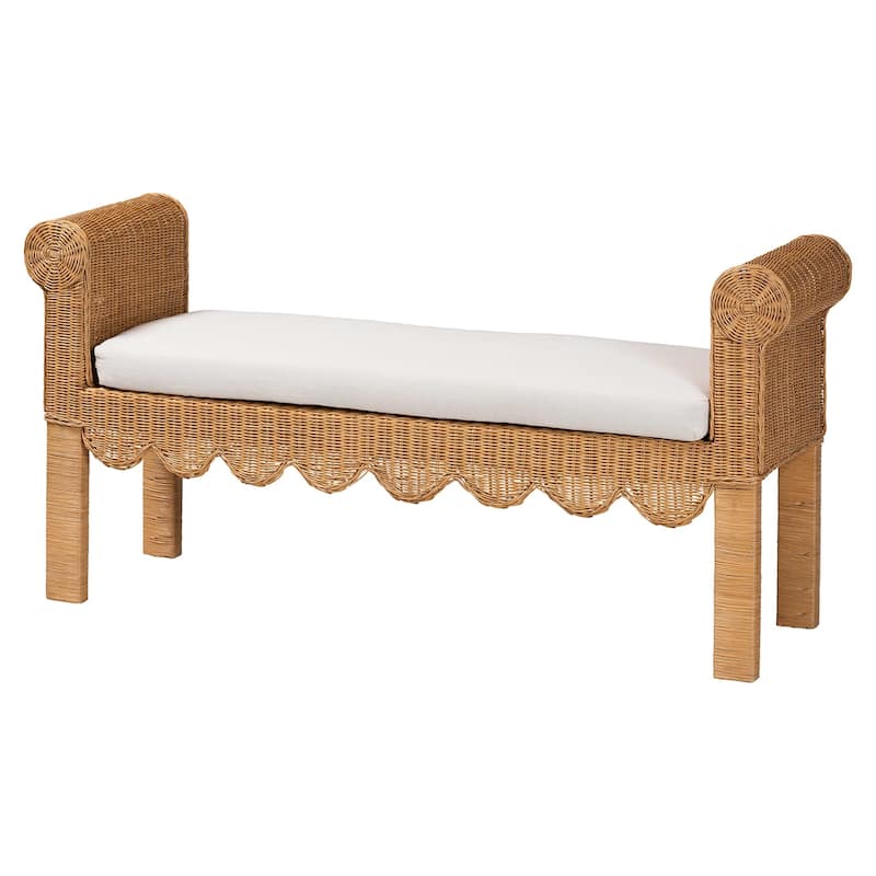Reiko Handwoven Natural Rattan Bench with Scalloped Detailing - Boho Farmhouse Entryway, Bedroom, or Living Room Seating - Light Honey