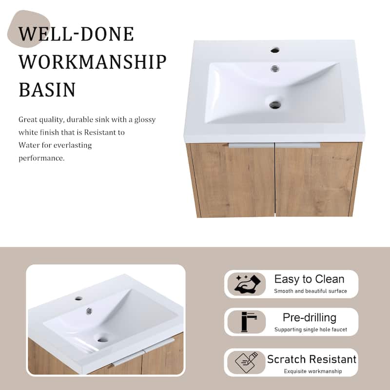 BNK 24"/30"/36" Single Sink Bathroom Vanity with Soft Close Door, Modern Floating Vanity