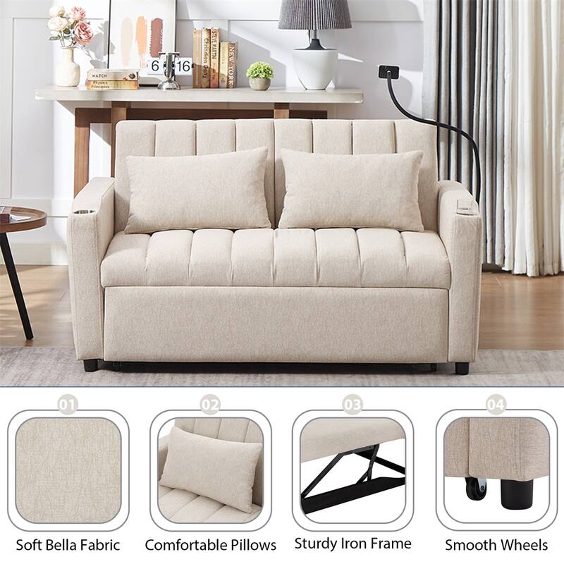 Convertible Sofa Bed with 3 USB Ports, 2 Side Pockets,2 Cup Holders