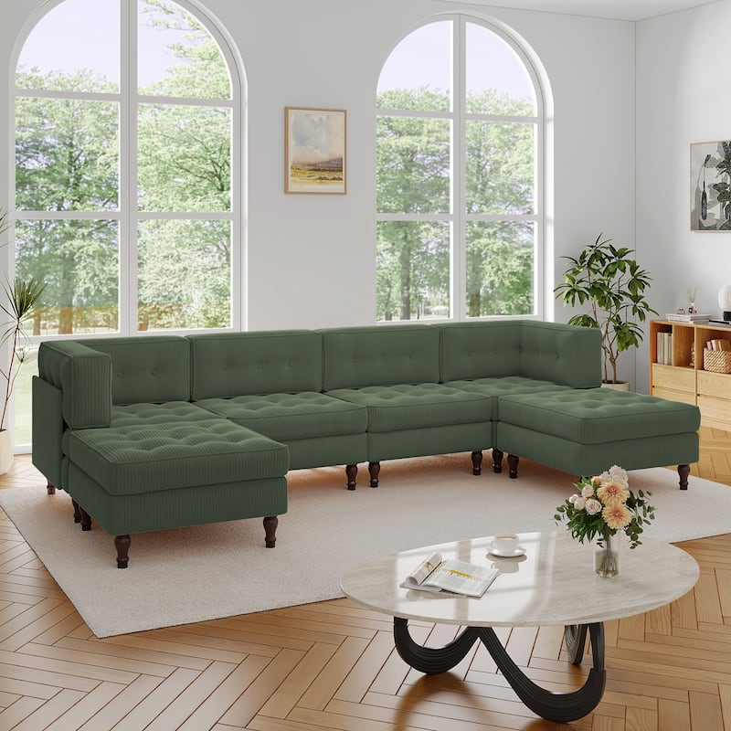 130"W Corduroy Upholstered Modular Sectional Sofa with Storage Ottoman - Green