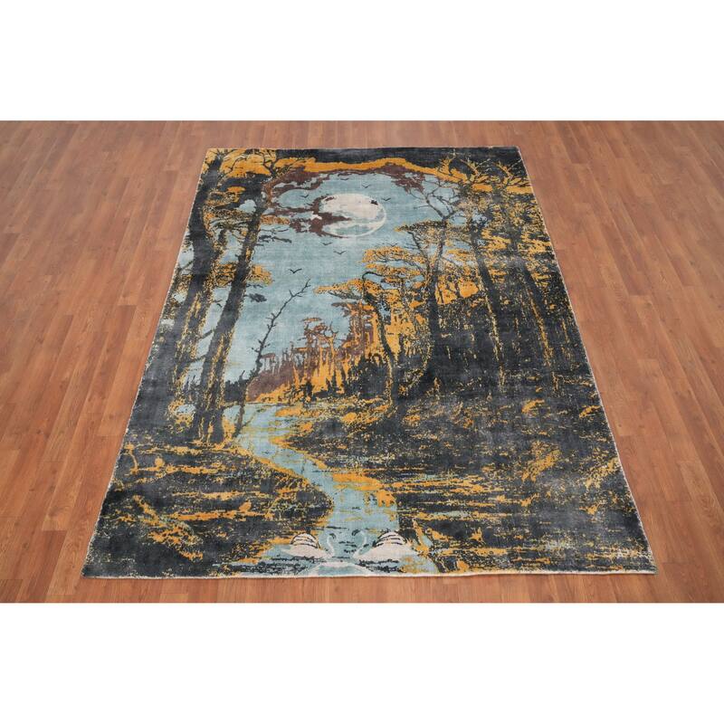 Hand Knotted Oriental Viscose Silk Carpet Modern Pictorial Multi-Colored Abstract Area Rug - 7' 8'' X 5' 7''