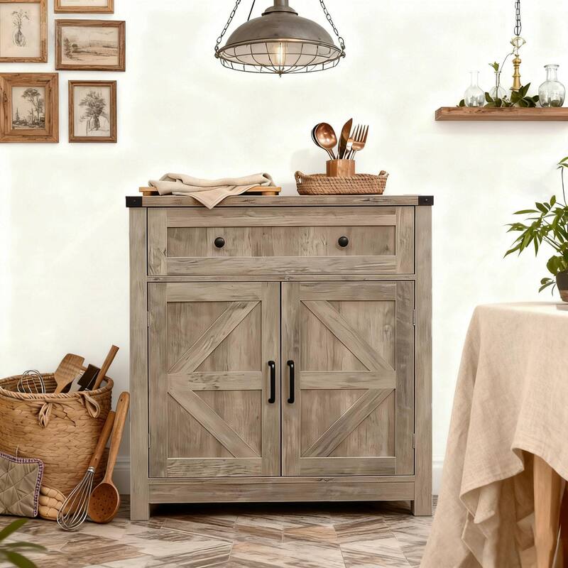 Farmhouse Barn-Door Storage Cabinet, Coffee Bar Buffet Sideboard with Drawer for Kitchen & Living Room