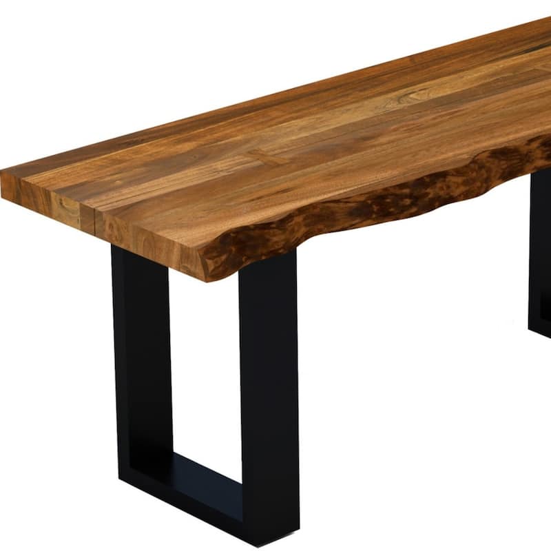 Brown Solid Wood Dining Bench Black Metal Legs 2-Seater Sturdy Seating - 16” D x 43” W x 18” H