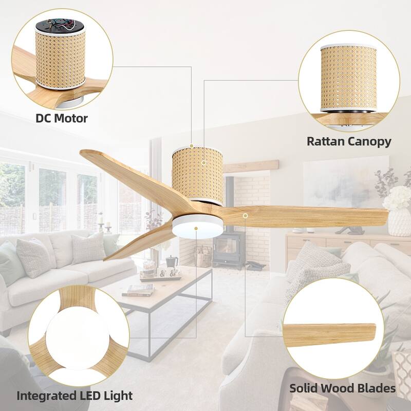 MLiAN 52 In. 3 Solid Wood Blades Flush Mount Ceiling Fan with Light Kit - 52"