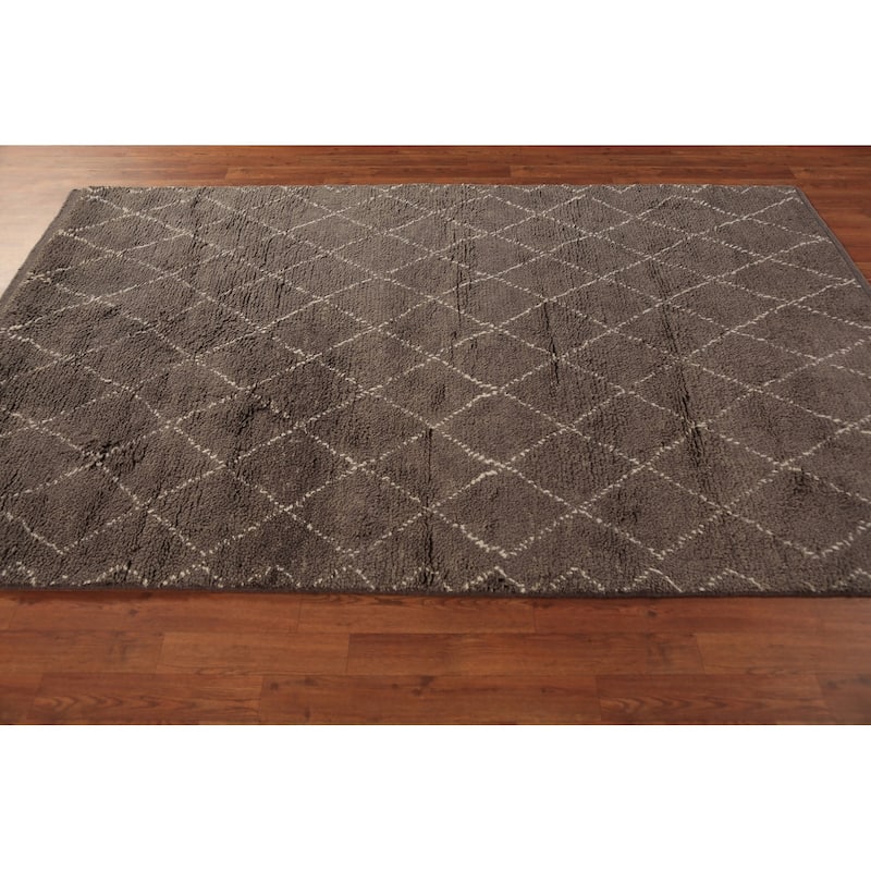 All-Over Brown Trellis Moroccan Indian Rug Hand-Knotted Wool Carpet - 5'1" x 8'2"