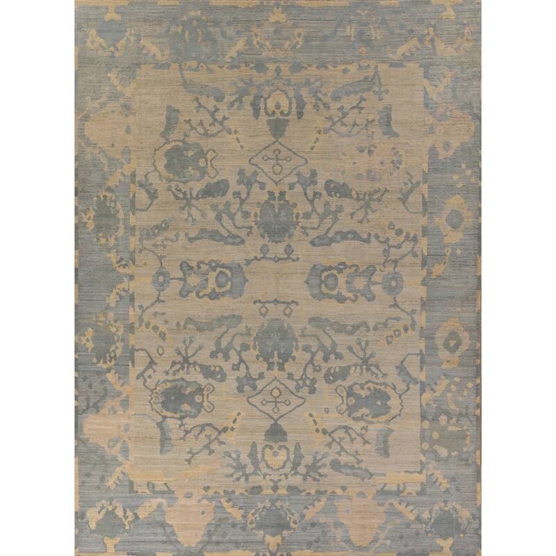 Vegetable Dye Floral Oushak Turkish Rug Hand-Knotted Wool Carpet - 9'6" x 11'11"