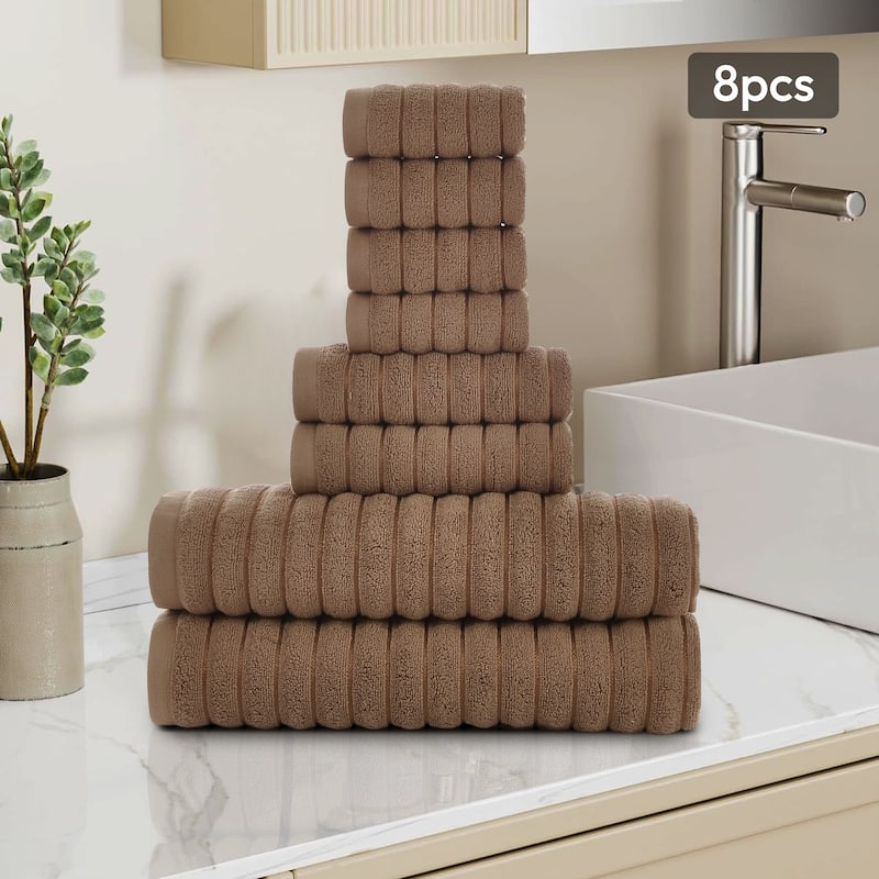 8 Piece Oversized Bath Towel Set, 100% Cotton Bath Towels, Highly Absorbant Bordered Towels - Coffee