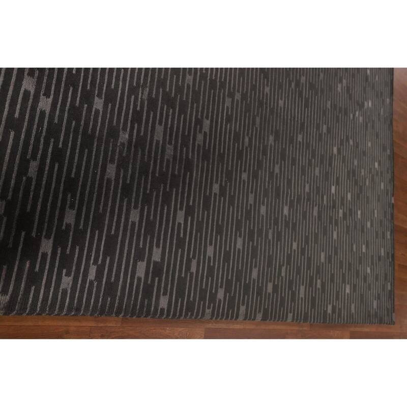 Striped Black Nepalese Indian Area Rug Hand-Knotted Wool Carpet - 9'0" x 11'8"