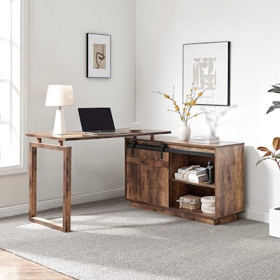Desk L-Shaped Workstation Home Office Attached Storage Credenza Sliding Barn Door Finished On The Back Reversible