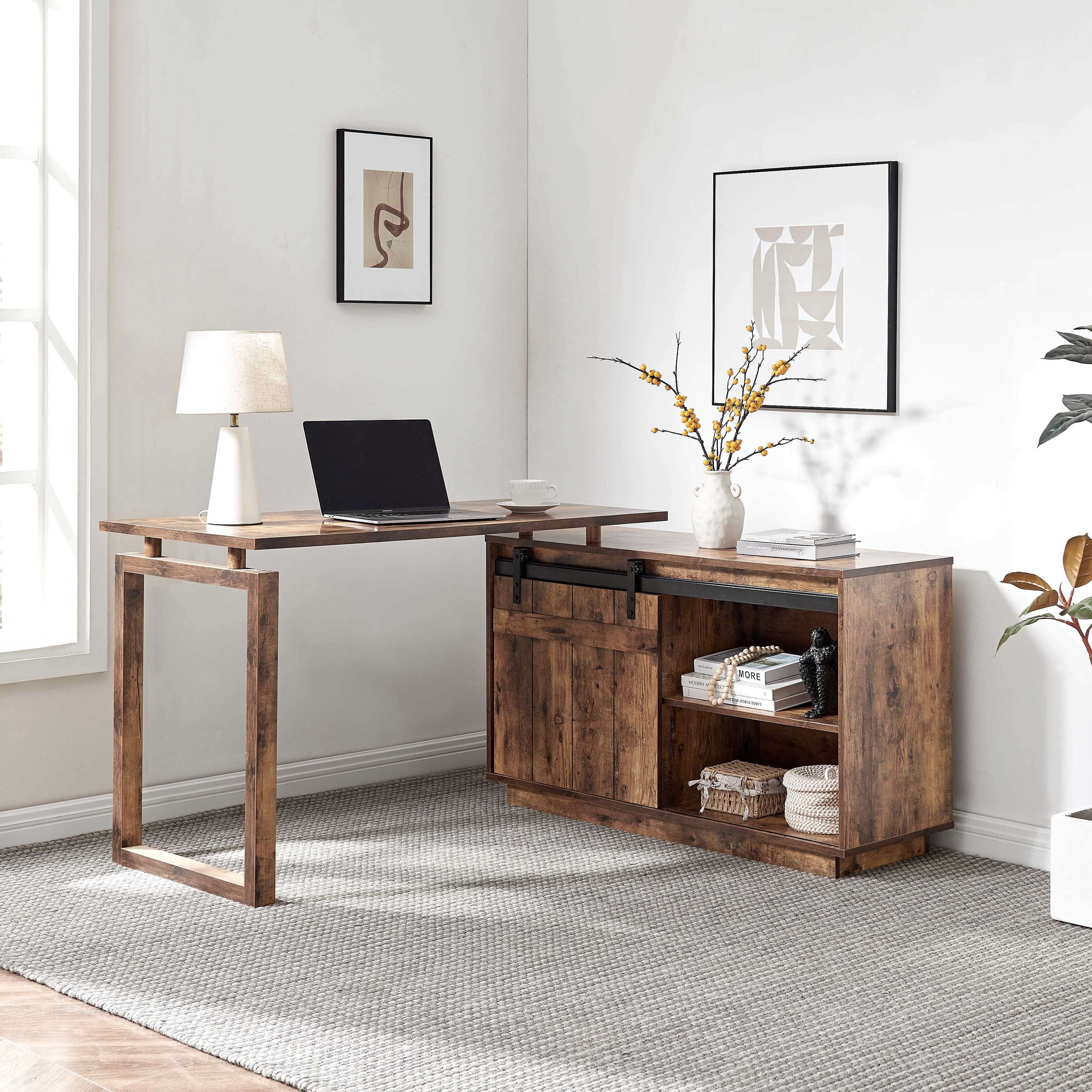 GDFStudio - Olivia L-Shaped Home Office Desk with Attached Storage Credenza and Sliding Barn Door
