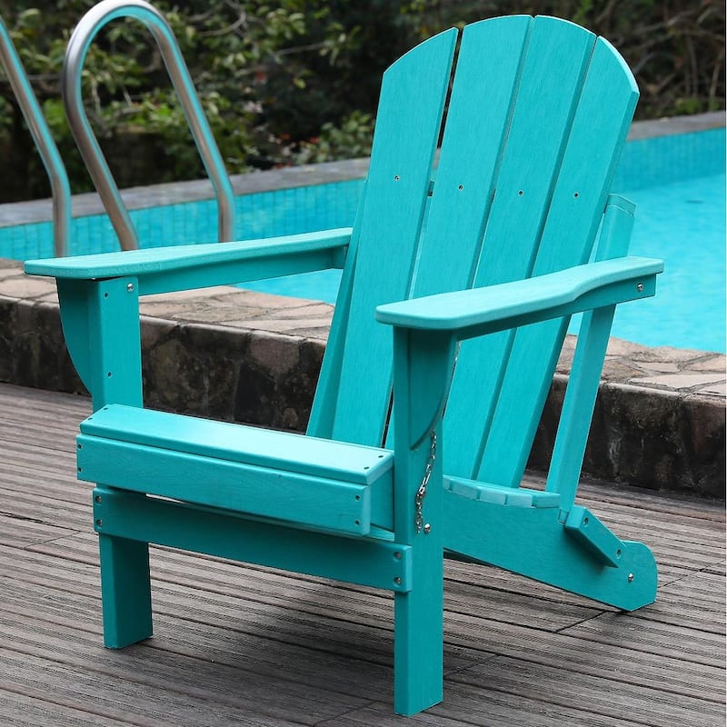 Adirondack Folding Chair with Dual Cup Holders - HDPE All-Weather Outdoor Chairs, Wood-Like Patio Chair for Backyard, Camping - Lake Blue