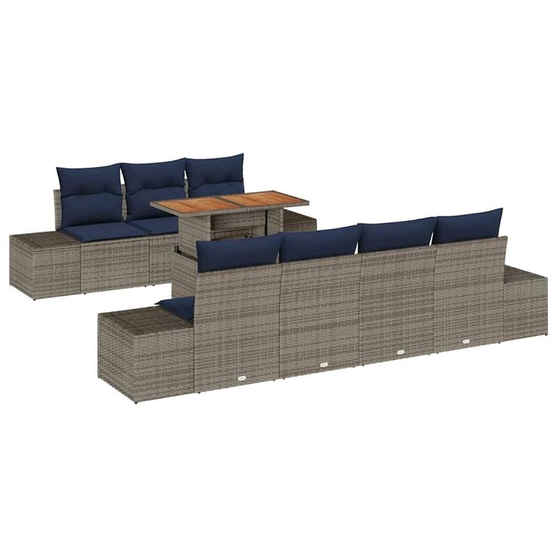vidaXL 8 Garden Sofa Set with Cushions Black/Grey Poly Rattan - 94.1 x 24.4 x 27.2