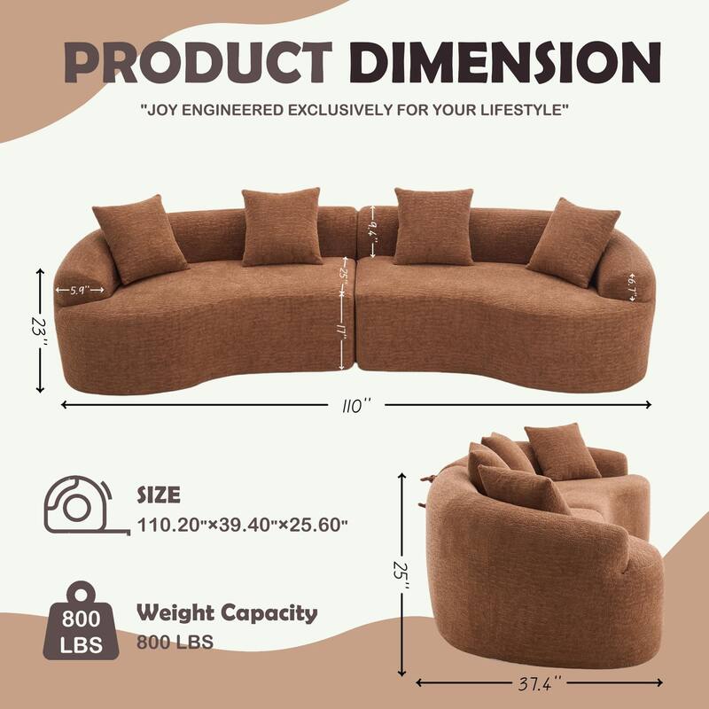 Modular Curved Sectional Sofa, Full Compression 4-Seater Foam Couch, Chenille Boneless Cloud Sofa for Living Room, Bedroom - Caramel