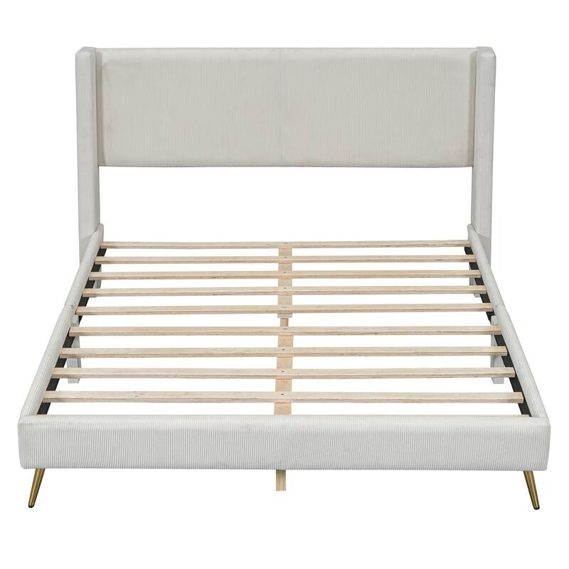 Modern Queen Platform Bed in Corduroy with Tufted Headboard, Metal Legs, and Sturdy Wood Slats