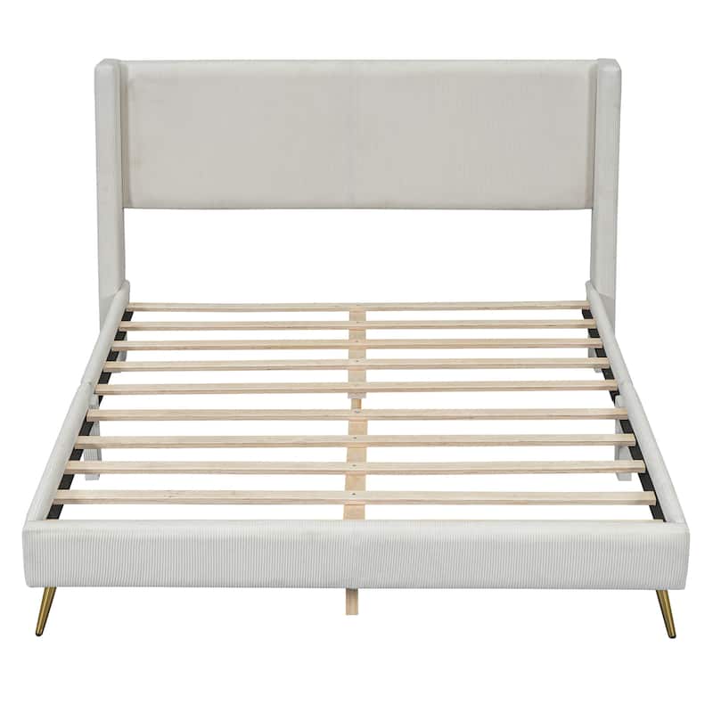 Roomfitters Queen Size Corduroy Platform Bed with Metal Legs and Luxurious Upholstery for Modern Bedrooms