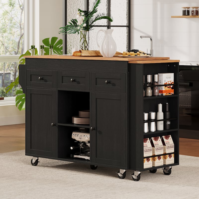 85.5" Kitchen Island with Extendable Dining Table, Rolling Kitchen Island with Sotrage Shelves, Drawers and Power Outlet - Black