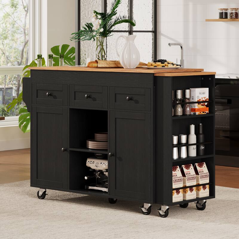 Anmytek Expandable Kitchen Island Cart Wood Top Black Storage Mobile Prep Station Small Space Modern