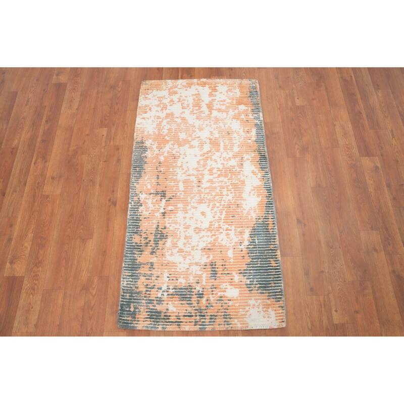 Hand Knotted Oriental Viscose Silk Carpet Modern All-Over Peach Abstract Area Rug - 4' 0'' X 2' 0''