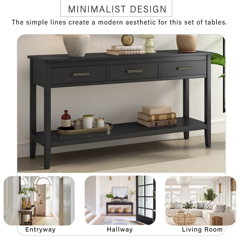 59.1" Wooden Entryway Console Table with 3 Drawers and Open Shelf