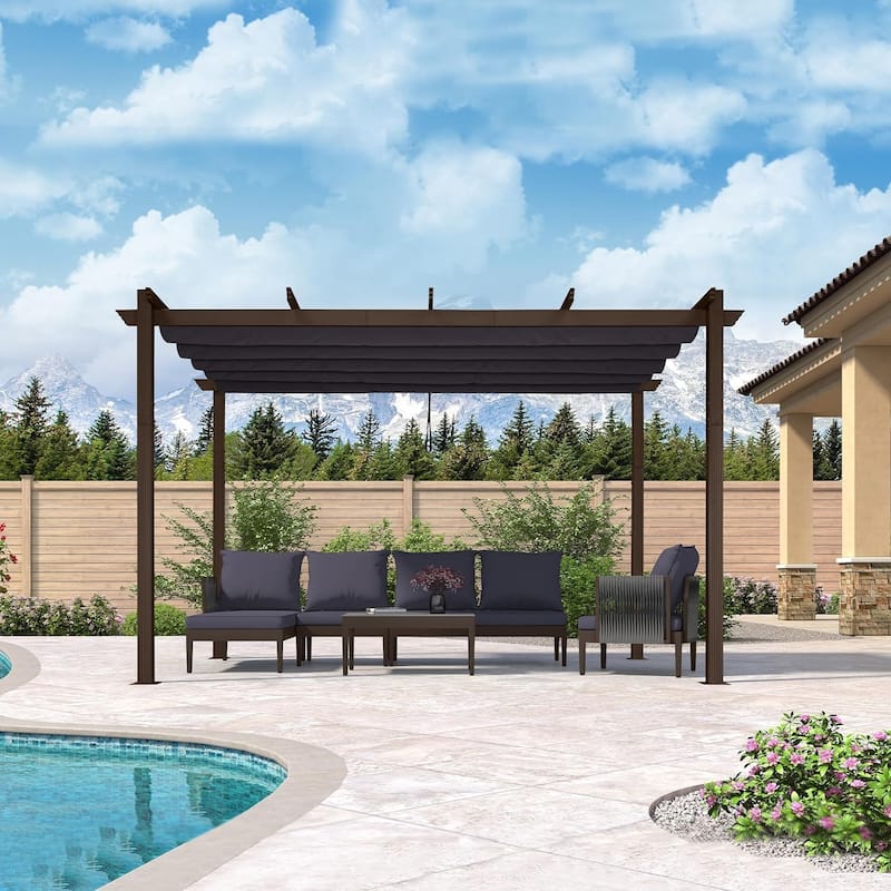 PURPLE LEAF Outdoor Retractable Bronze Metal Pergola w Canopy for Beach Deck Gazebo