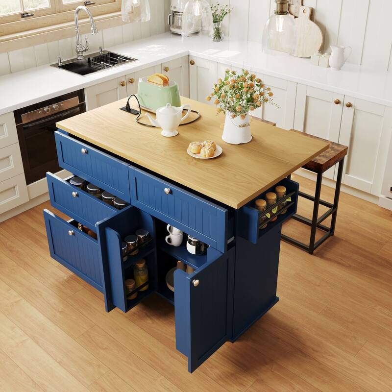 Farmhouse Kitchen Island on Wheels with Drop Leaf, 2 Seating & Power Outlet - Black